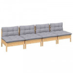 4-Seater Patio Sofa with Gray Cushions Solid Pinewood