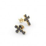 14K Solid Gold & Black Diamond Rounded Pico Cross Earring
