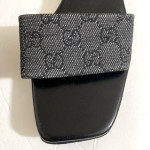 Size 7B Authentic GUCCI Slip-On Flat Sandals Black Canvas w Beige GG