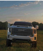 Front view of a 2006 GMC Sierra 1500HD SLT pickup truck in a grassy field at sunset