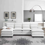 Modern U-shaped Sectional Sofa with Waist Pillows, 6-Seat Upholstered Symmetrical Sofa Furniture with Chaise Lounge