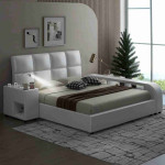 Wooden Queen Size Upholstered Platform Bed with Multimedia Nightstand and Storage Shelves, for Kids Teens Adults Bedroom Use (White@Nightstand, Queen)