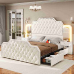 Itaar Queen Bed Frame with 53" Tall Headboard and 4 Storage Drawers, PU Leather Upholstered Platform Bed Frame, Built in Charging Station & Led, 2 Nightstands with Mirror, Black
