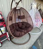 LeisureMod 2 Person Hanging Double Swing Chair, X-Large White Wicker Rattan Egg Chair with Stand and Cushion for Indoor Outdoor Patio Garden (Taupe)