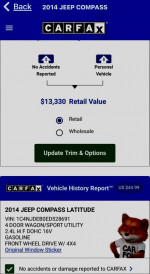 2014 Jeep Compass Latitude FWD dashboard and Carfax report with no accidents, excellent condition, and low mileage