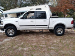 White F-150 truck with LED lights and new stereo, parked outdoors in a natural setting.
