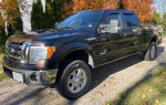 2013 Ford F150 XLT 4x4 truck with EcoBoost engine, low mileage, parked in autumn scenery.