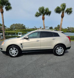 Side view of a pristine 2010 Cadillac SRX luxury edition parked with palm trees in the background.
