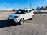 2015 Kia Soul in white, parked by a lake, showcasing its compact design and clean exterior.