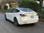 2021 Tesla Model 3 in pearl white, showcasing rear view with autumn scenery.