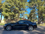 2012 Ford Mustang V6 in black, parked under trees, showcasing sleek design and alloy wheels.