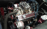 Close-up view of a rebuilt 350 engine in a 1973 Chevrolet Corvette with performance upgrades.