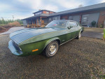 1973 Ford Mustang Grande in green color, parked in a driveway, showcasing its classic design.