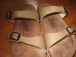 Birki's Birkenstock Gold Open-Toe Sandals with Black Buckles, Size 10!