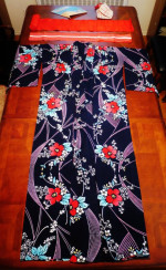 JAPANESE KIMONO MADE IN JAPAN BLUE RED FLOWERS MEI SAI EN FAN BAG OBIS