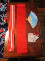 JAPANESE KIMONO MADE IN JAPAN BLUE RED FLOWERS MEI SAI EN FAN BAG OBIS